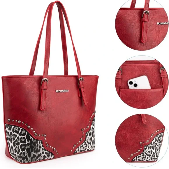 Montana West Tote Shoulder Bag with Wristlet Red and Leopard Print - Picture 3 of 6